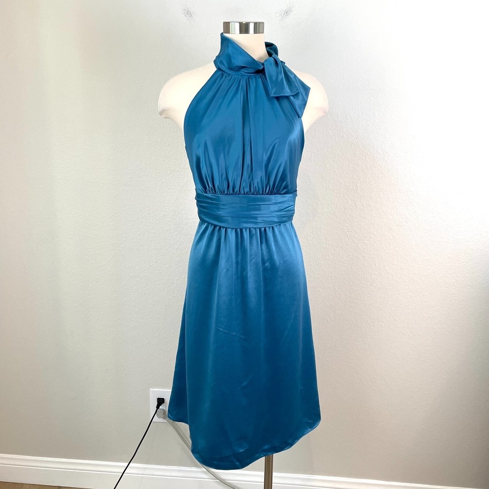 Amsale Womens 10 Teal Satin Halter Dress Sleeveless Cocktail Knee Length